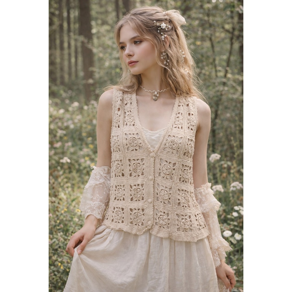 VTG Boho Crochet Lace Vest 3D Rosette Granny Square Cream Fairycore Cottagecore